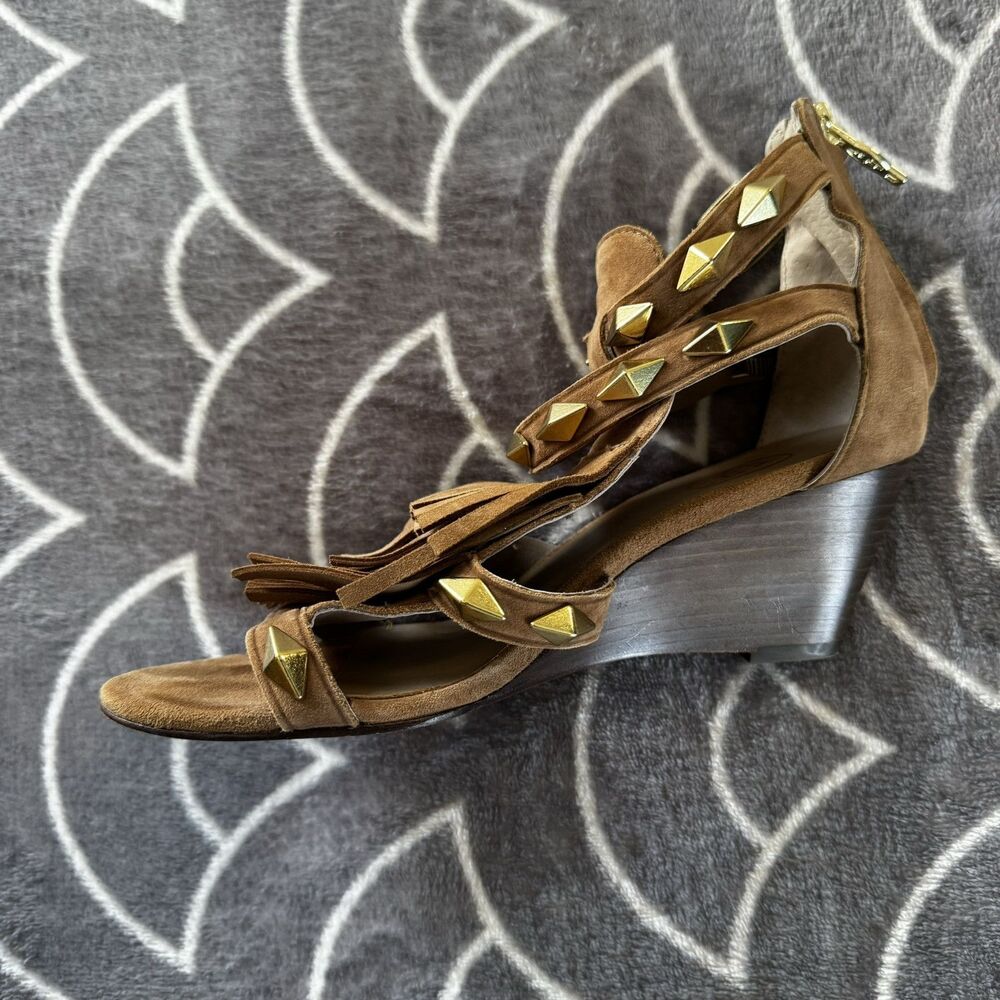 ASH Brown Suede Fringe Studded Leather Gladiator Studded Sandal Heels Sz 36 - Picture 7 of 16